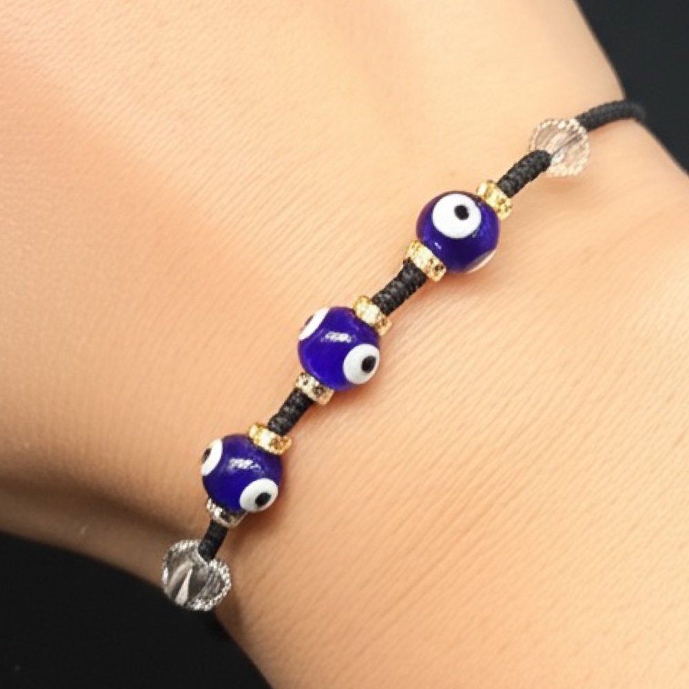 3/$15 Glass Evil Eye & Rhinestone Bead Bracelet | Adjustable Fit